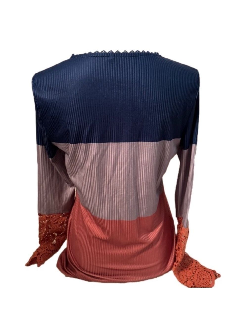 Colorblock Henley Lace Sleeve Top Navy, Dusty Mauve,Coral Size Small Ribbed Knit - Picture 5 of 9